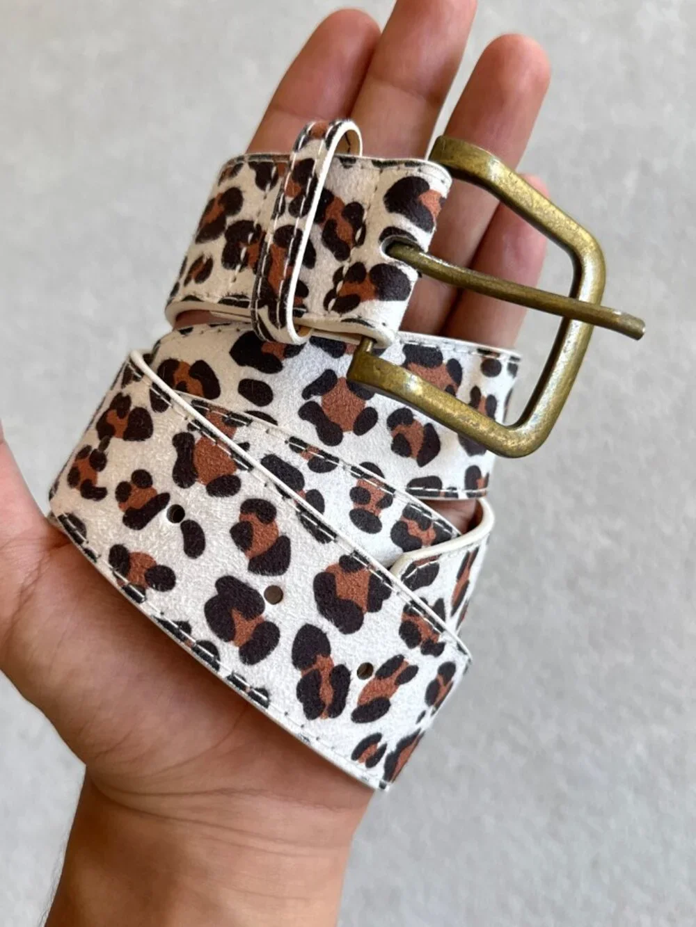 White Leopard Brass Buckle Belt